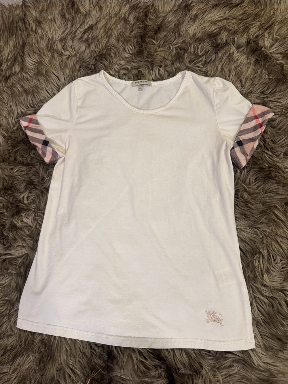 Burberry White Short Sleeve Tee with Pink Check Sleeve Trim